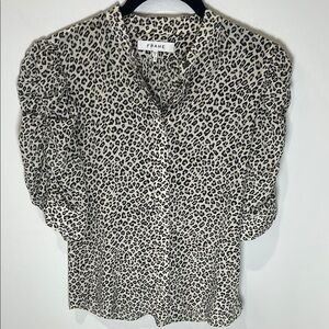 FRAME Silk Leopard Puff 3/4 Sleeve Button Front Blouse XS